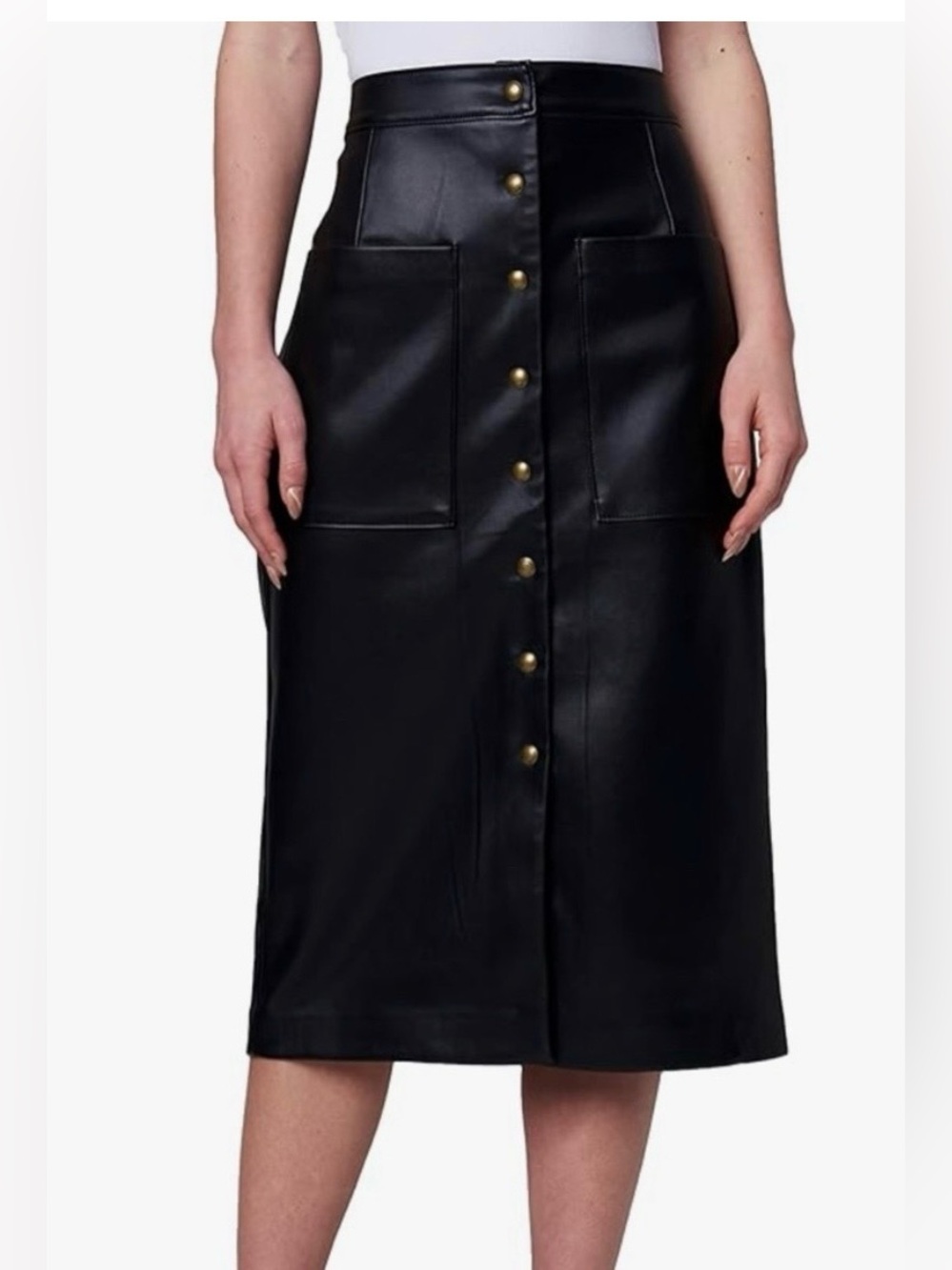 BLANKNYC City Bound Vegan Leather Midi Skirt snap front patch pockets size 31